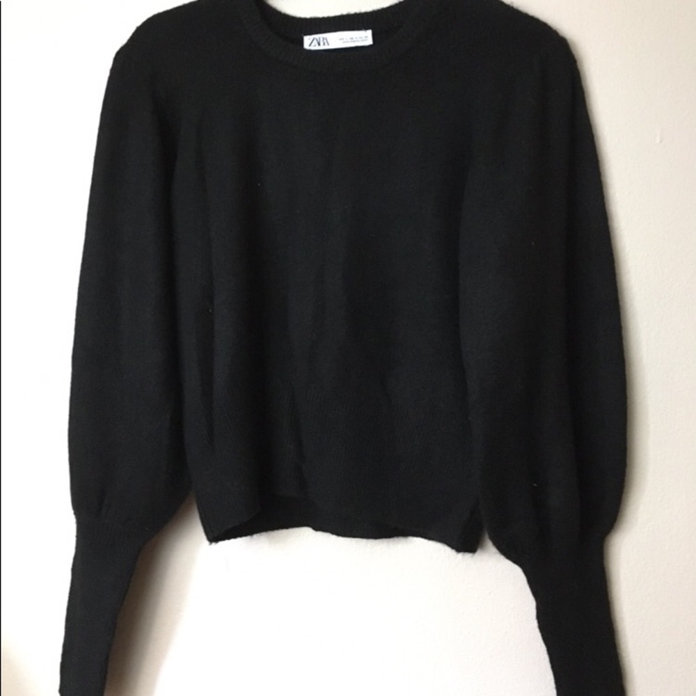 ZARA 2019 Balloon Sleeve Sweater Black Furry sz  L